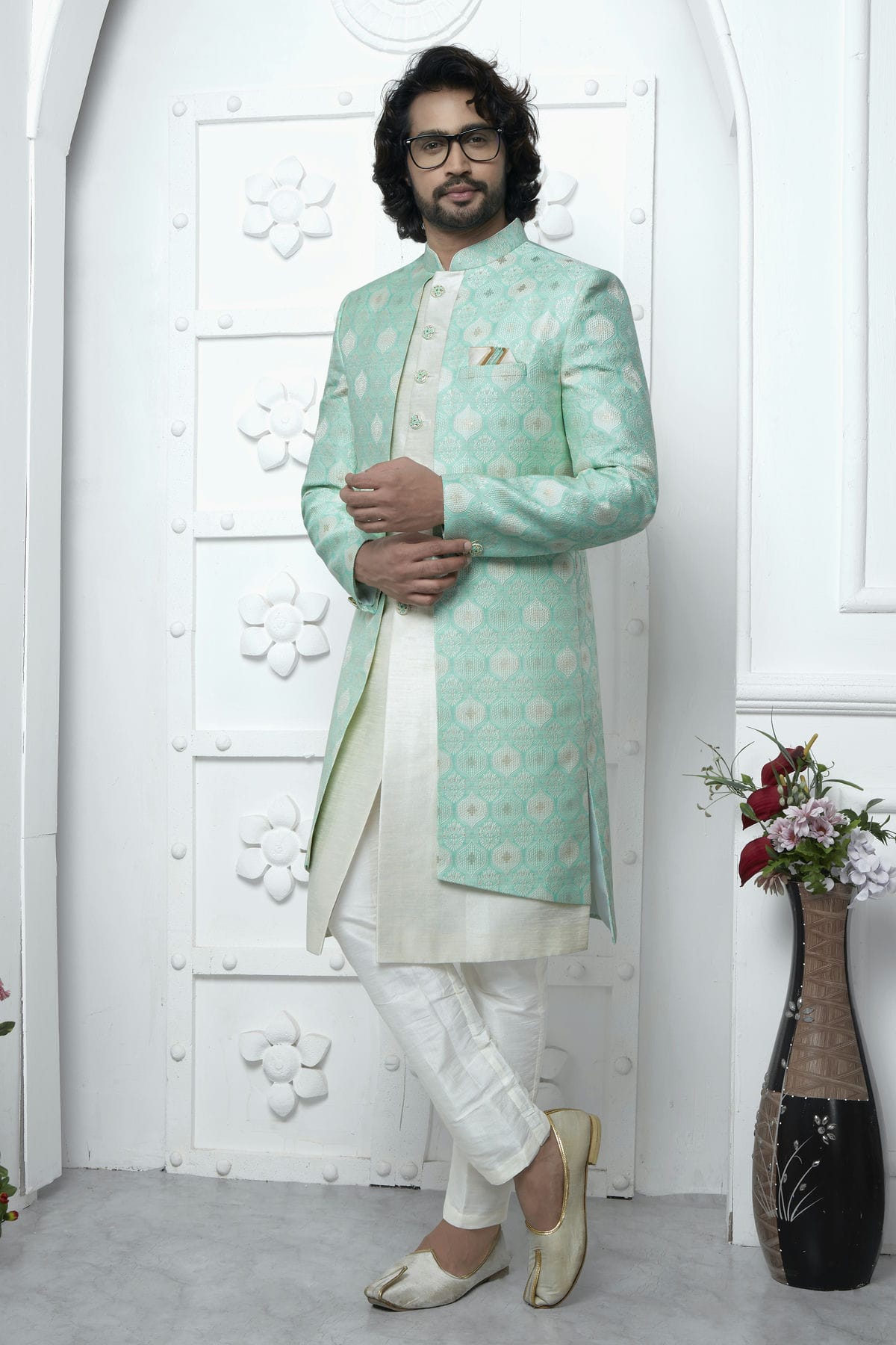 Sea Green Colour Jacquard Silk Indowestern Sherwani With Aligadhi Pant VSSH1230033