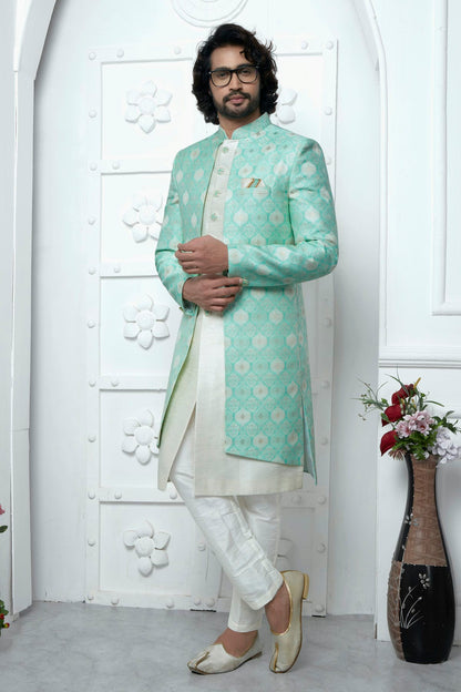 Sea Green Colour Jacquard Silk Indowestern Sherwani With Aligadhi Pant VSSH1230033