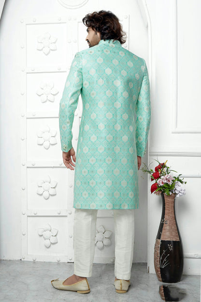 Sea Green Colour Jacquard Silk Indowestern Sherwani With Aligadhi Pant VSSH1230033