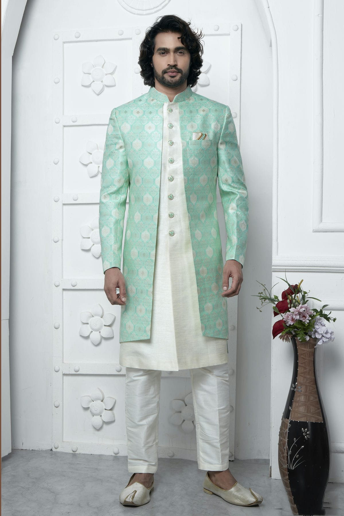 Sea Green Colour Jacquard Silk Indowestern Sherwani With Aligadhi Pant