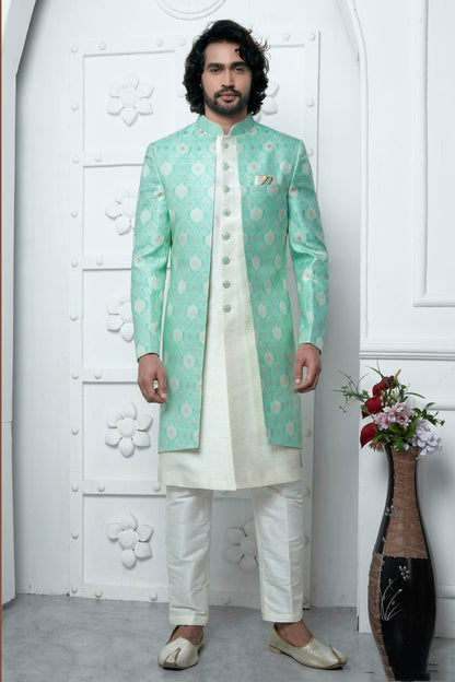 Sea Green Colour Jacquard Silk Indowestern Sherwani With Aligadhi Pant