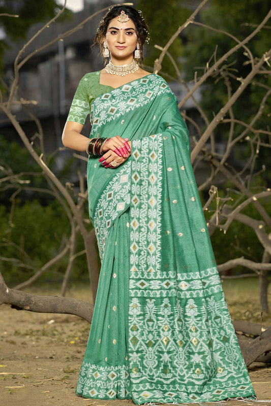 Sea Green Colour Linen Cotton Woven Work Traditional Saree
