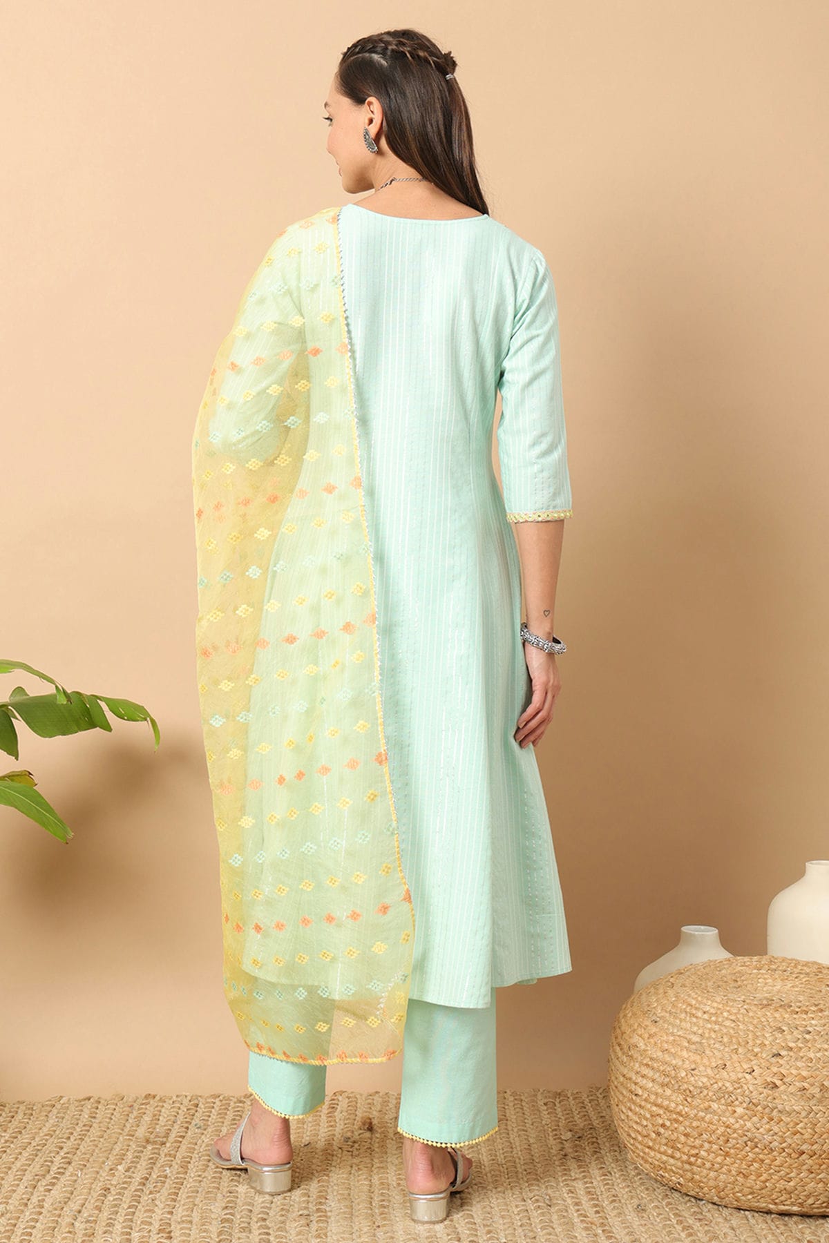 Sea Green Colour Lurex Cotton Stitched Salwar Suit