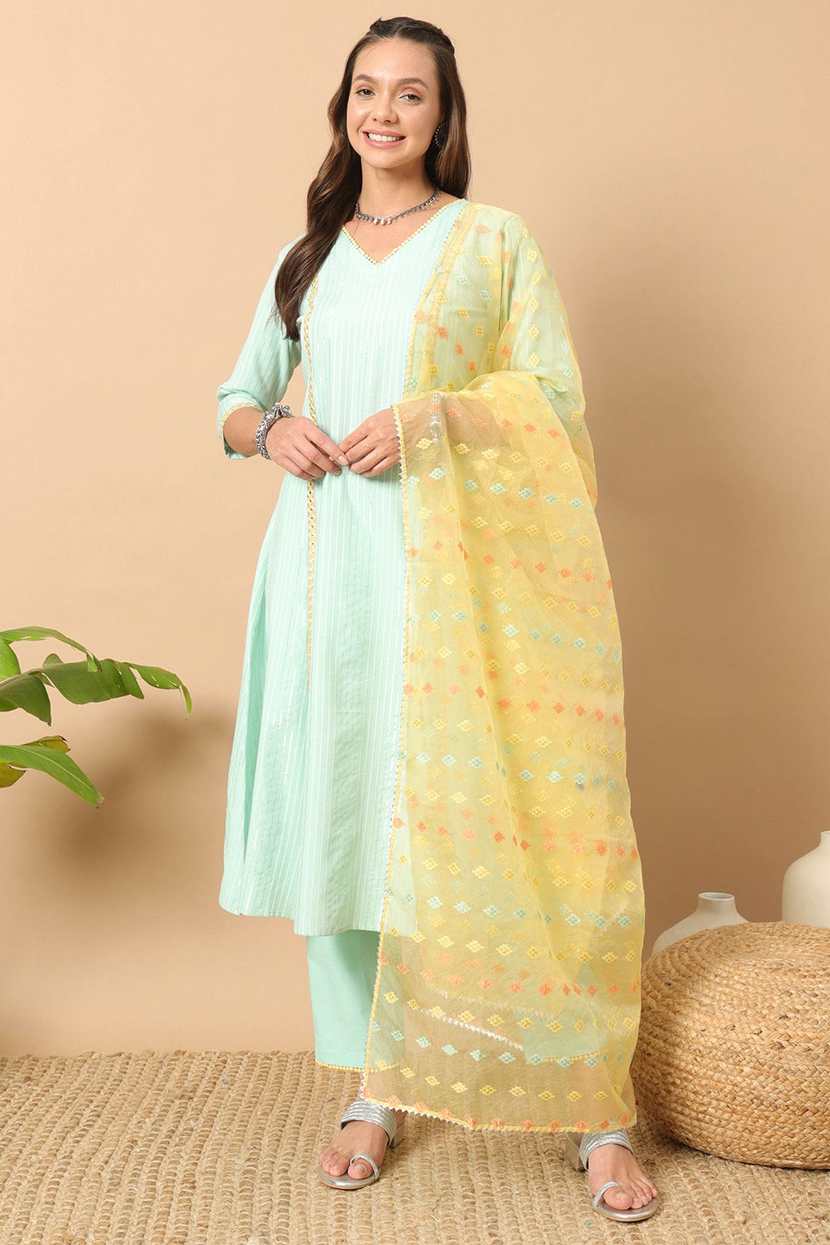 Sea Green Colour Lurex Cotton Stitched Salwar Suit