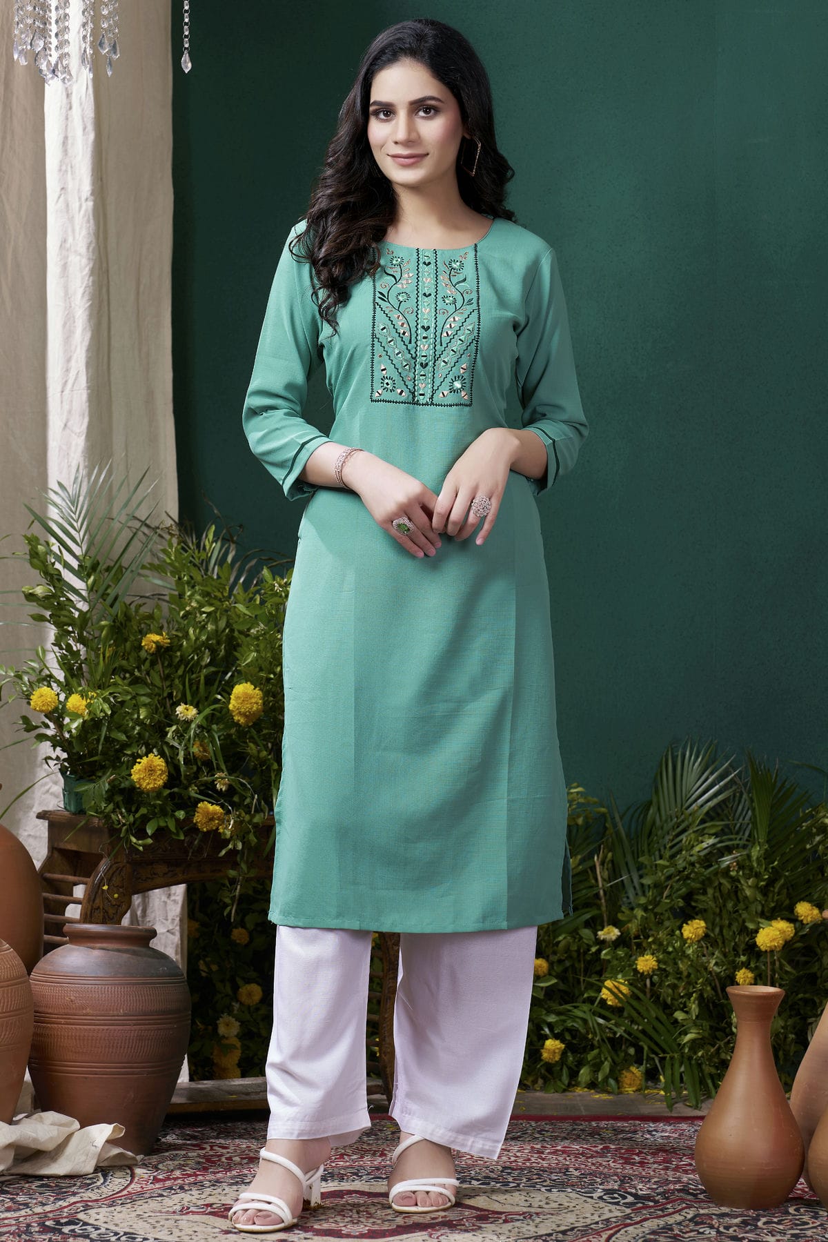 Sea Green Colour Maaza Cotton Kurta And Pant Set