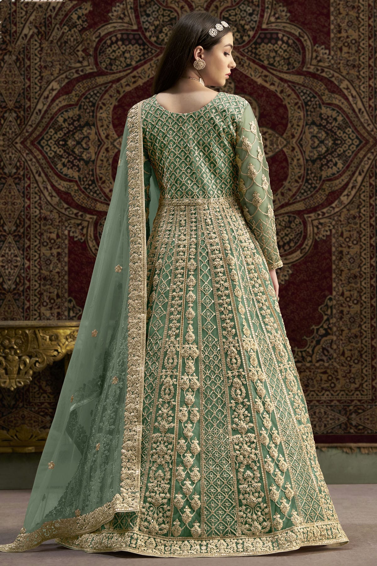 Sea Green Colour Net Semi Stitched Anarkali Suit VSSM1050658