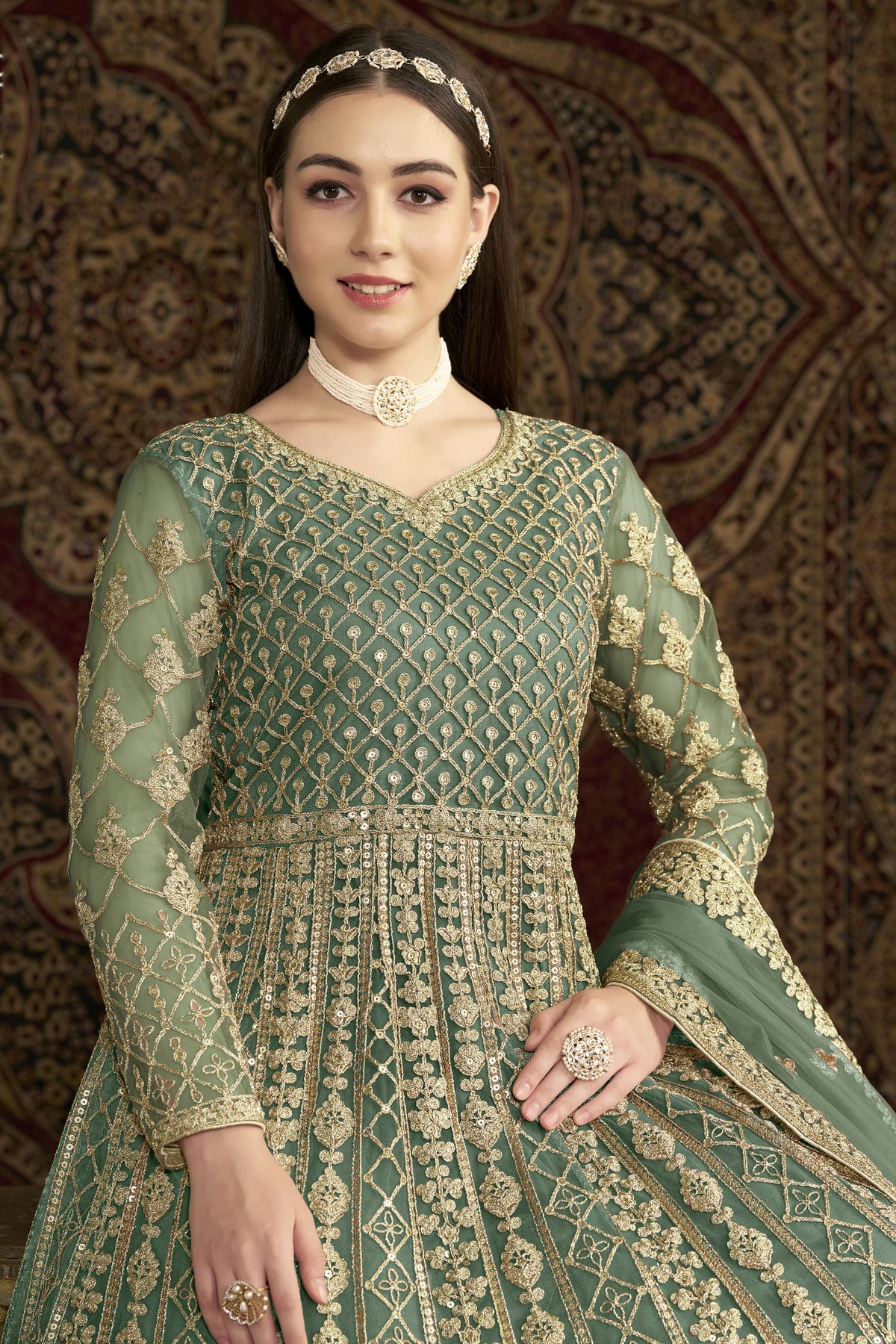 Sea Green Colour Net Semi Stitched Anarkali Suit VSSM1050658