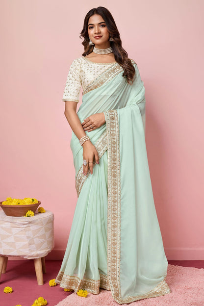 Sea Green Colour Organza Designer Saree