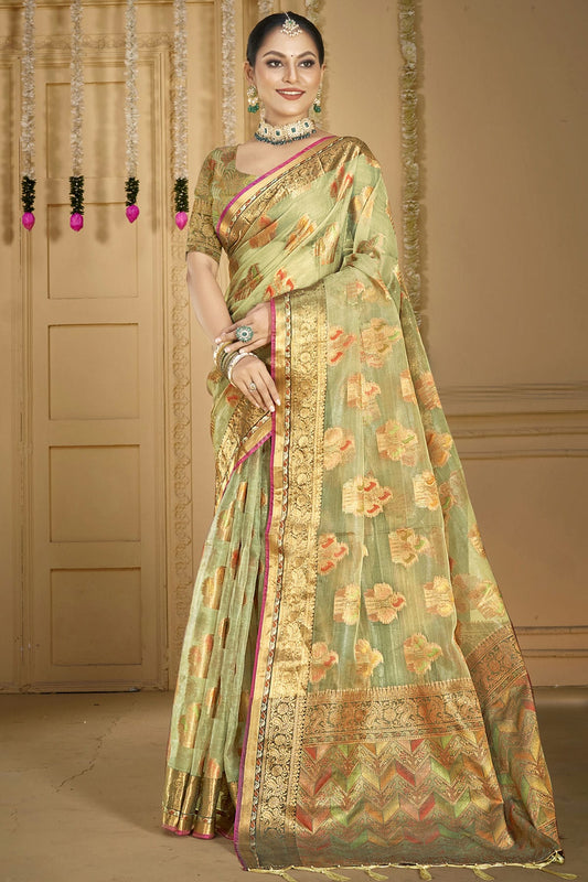 Sea Green Colour Organza Woven Work Traditional Saree