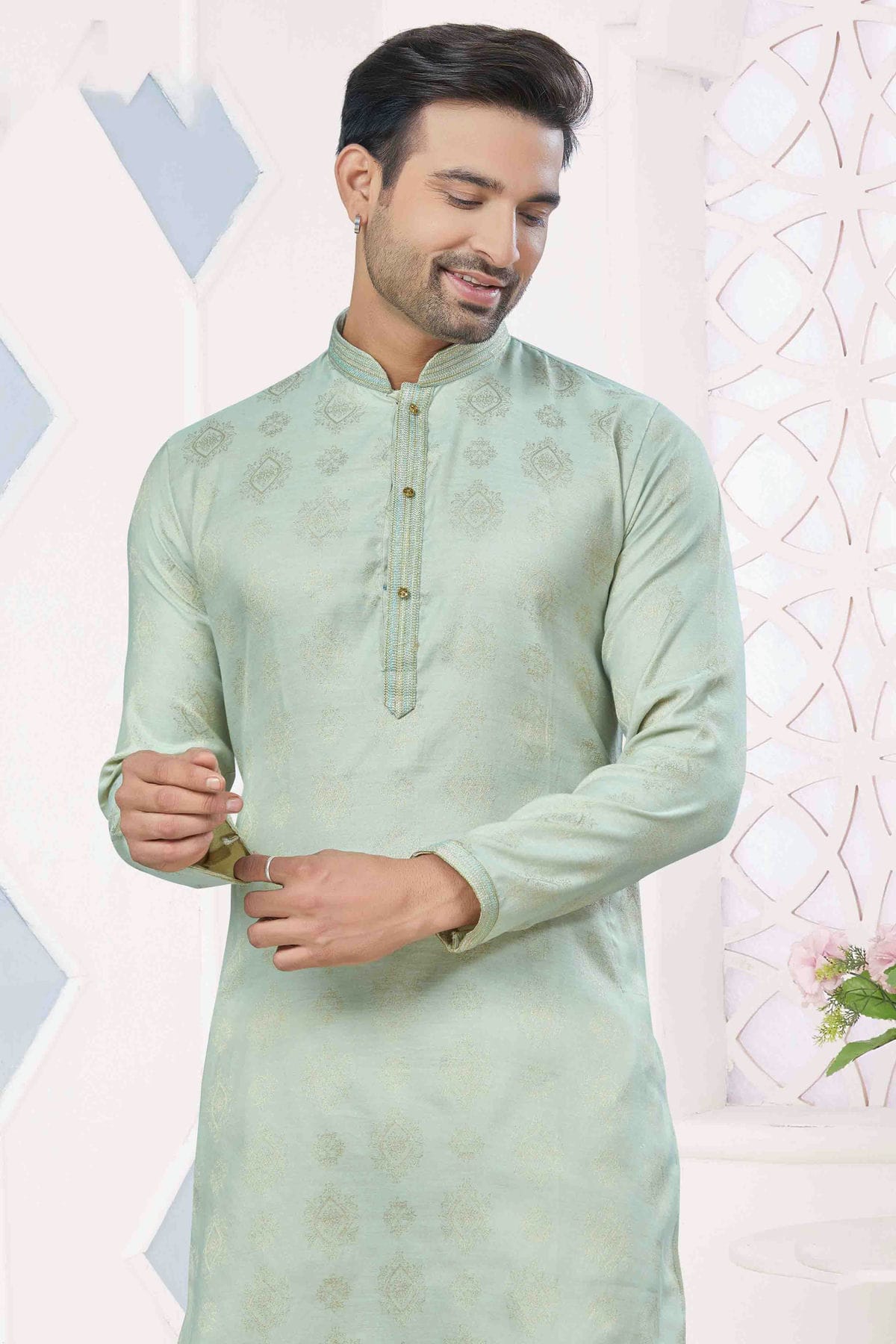 Sea Green Colour Pintex Work and Woven Jacquard Silk Kurta Pajama VSKP1113403