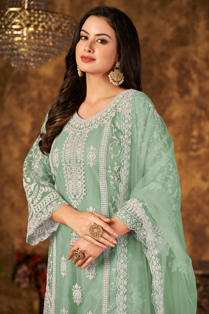 Sea Green Colour Plazoo Pant Suit Net Semi Stitched VSSM1050529