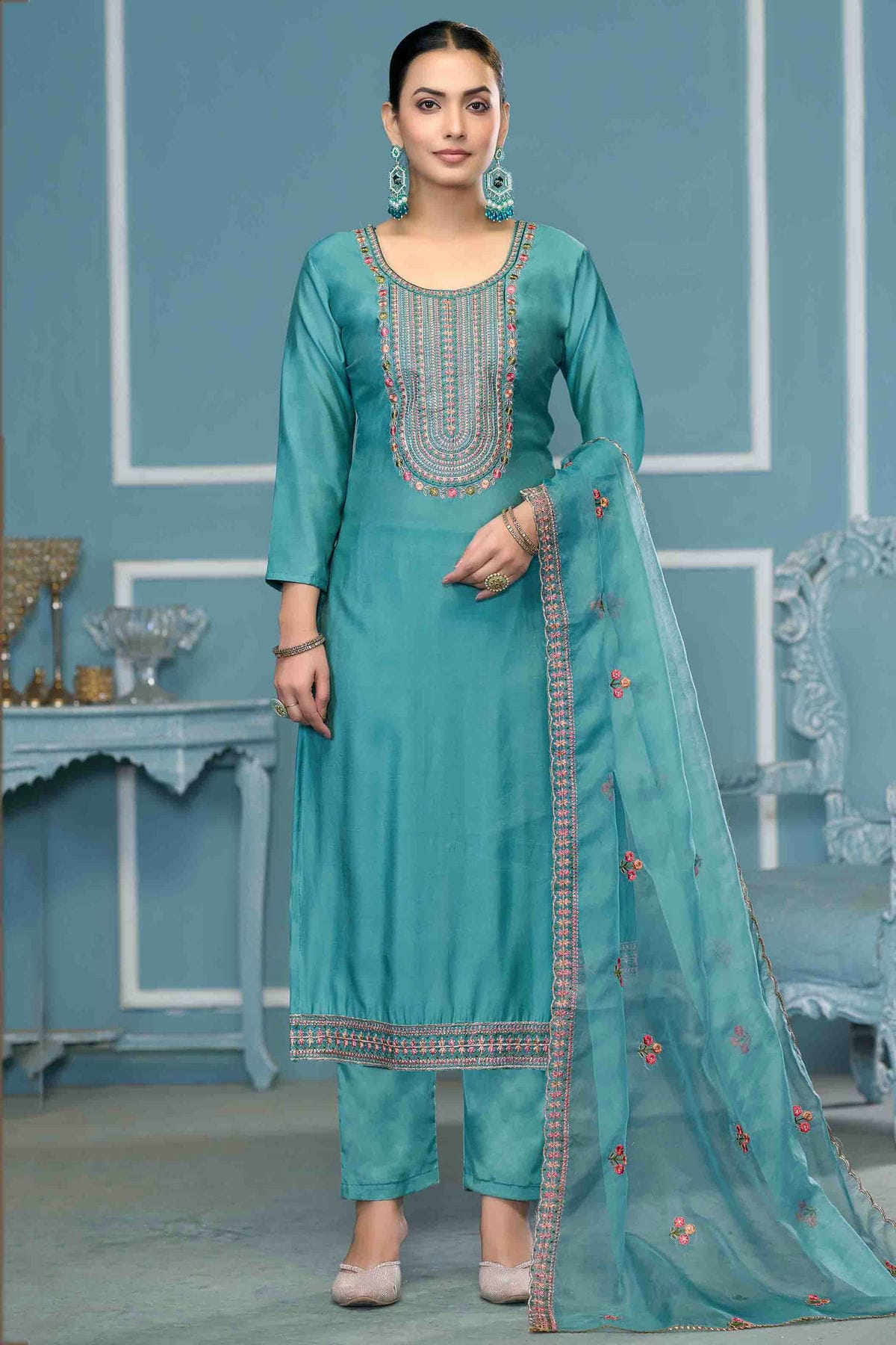 Sea Green Colour Roman Cotton Pant Style Suit VSSM1113259
