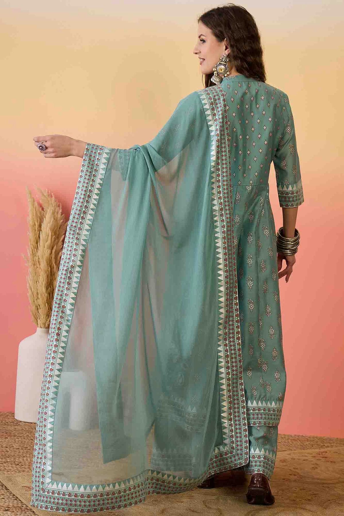 Sea Green Colour Roman Silk Stitched Palazzo Pant Suit VSSS1113935