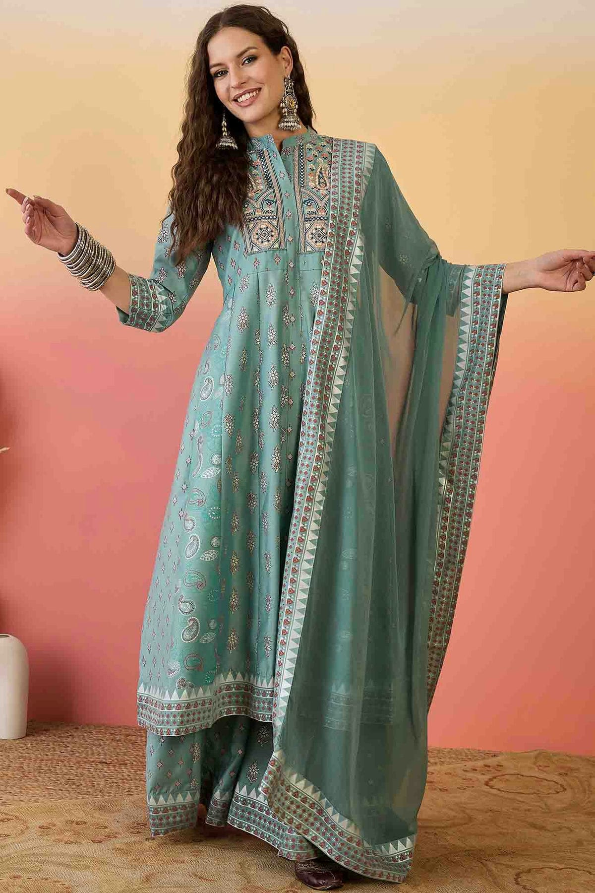 Sea Green Colour Roman Silk Stitched Palazzo Pant Suit VSSS1113935