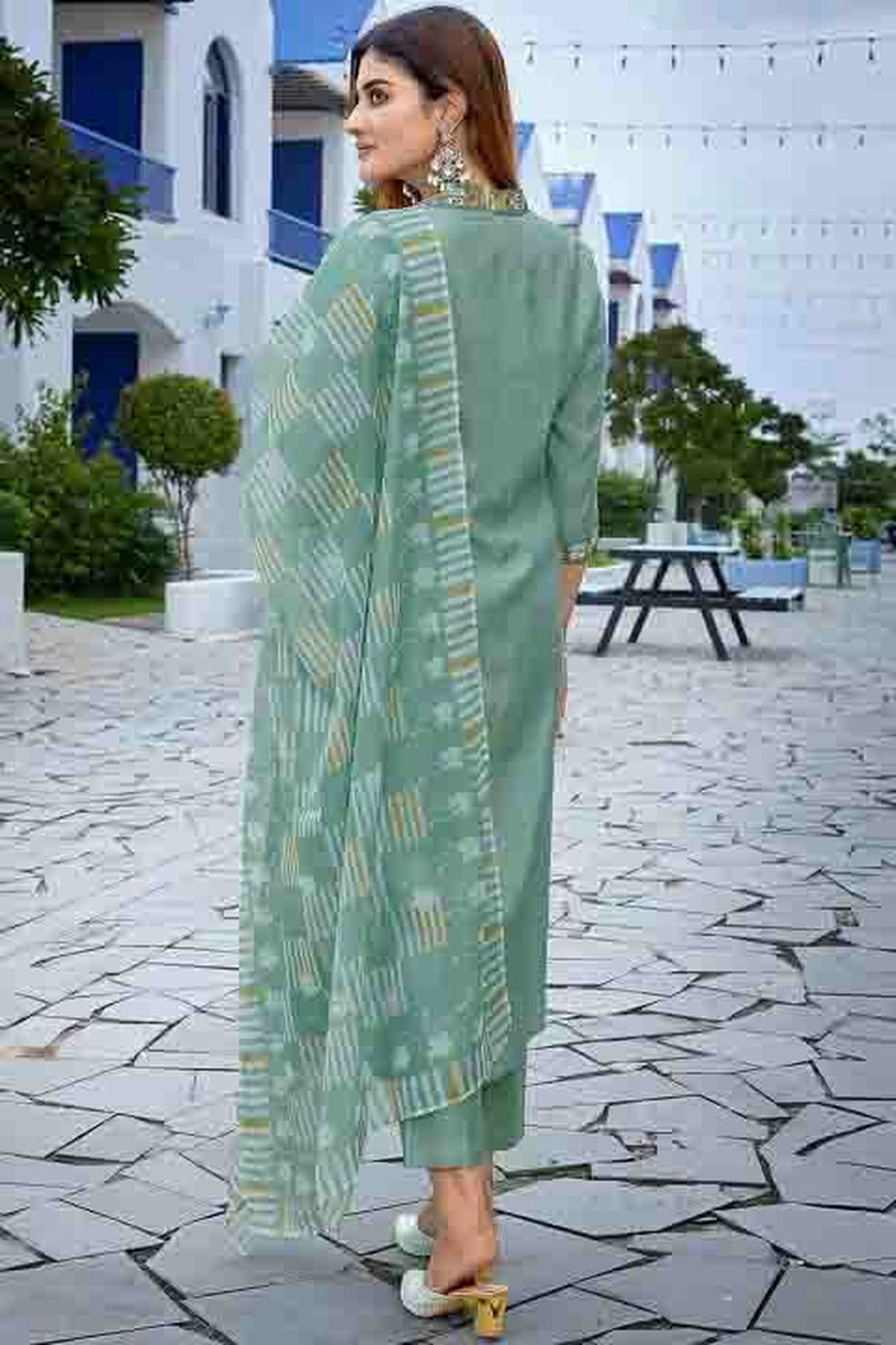 Sea Green Colour Roman Silk Stitched Pant Style Suit VSSS1113906