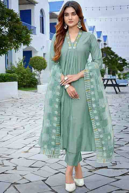 Sea Green Colour Roman Silk Stitched Pant Style Suit VSSS1113906