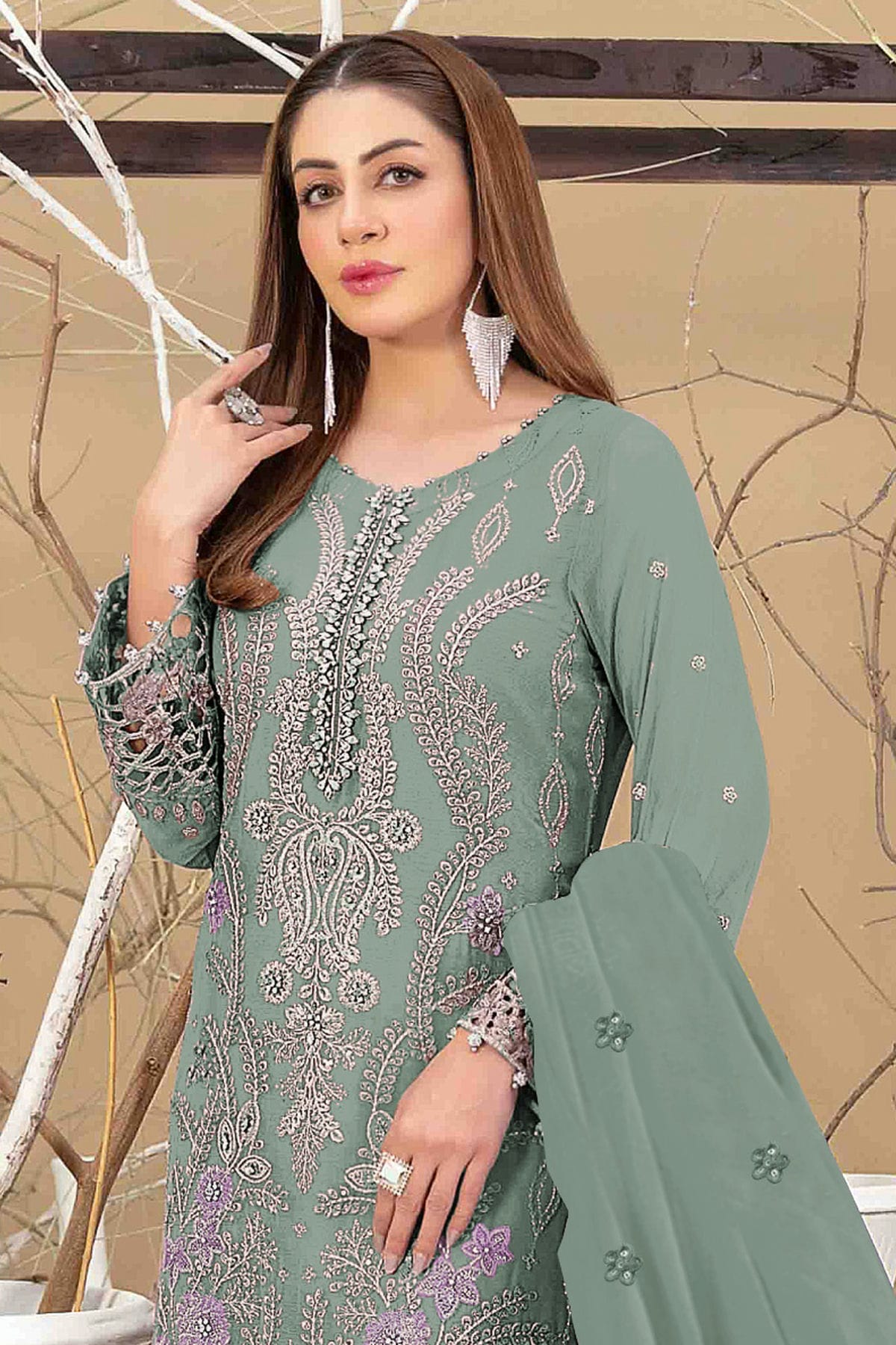 Sea Green Colour Semi Stitched Faux Georgette Pakistani Suit VSSM1140340