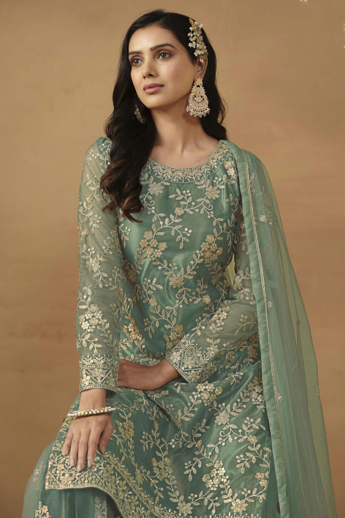 Sea Green Colour Semi Stitched Net Sharara Suit VSSM1050458