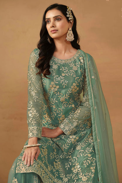 Sea Green Colour Semi Stitched Net Sharara Suit VSSM1050458