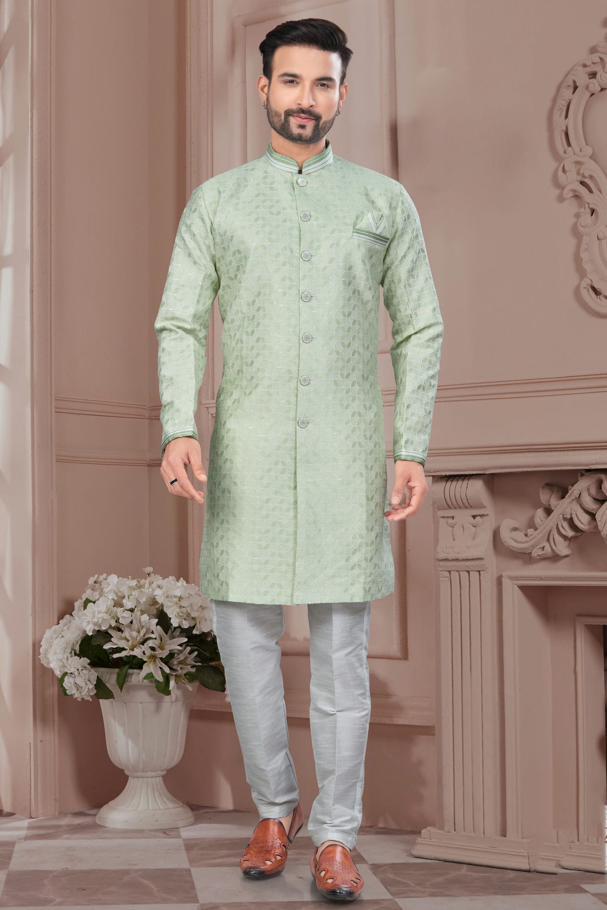 Sea Green Colour Silk Dupion Sherwani