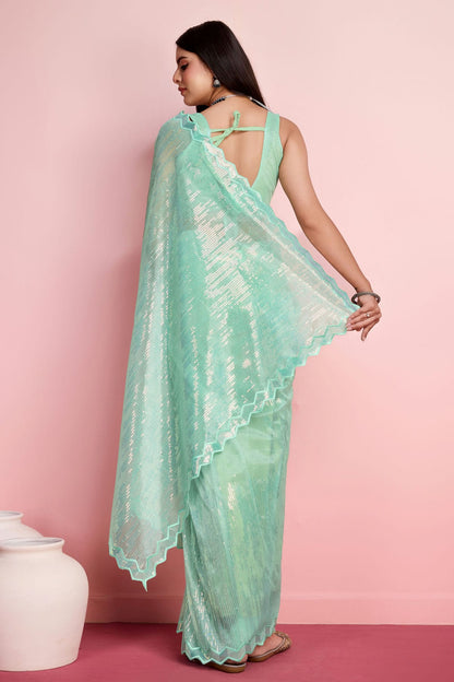 Sea Green Colour Silver Twill Net Saree VSSD1110493