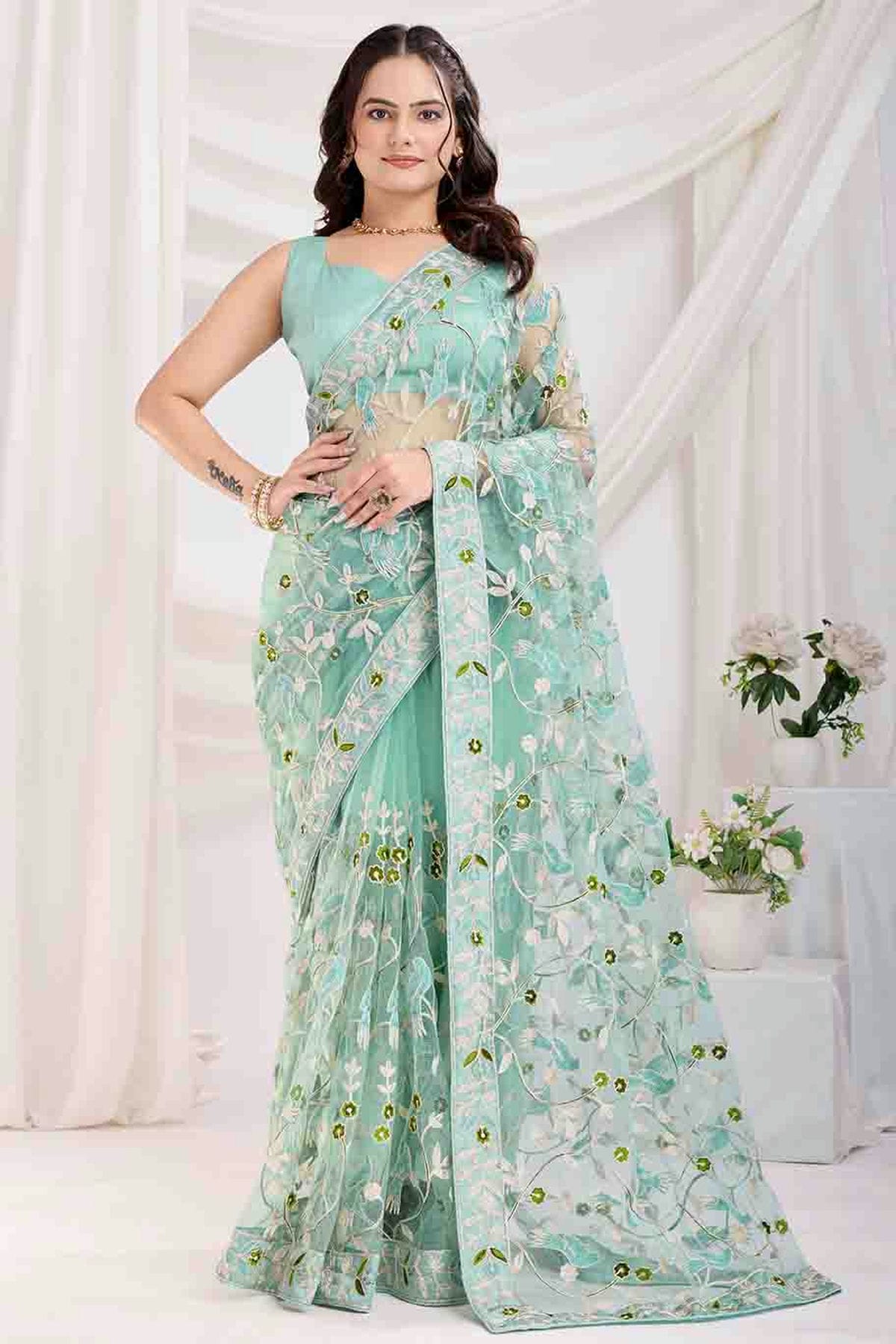 Sea Green Colour Soft Net Designer Saree VSSD1112859