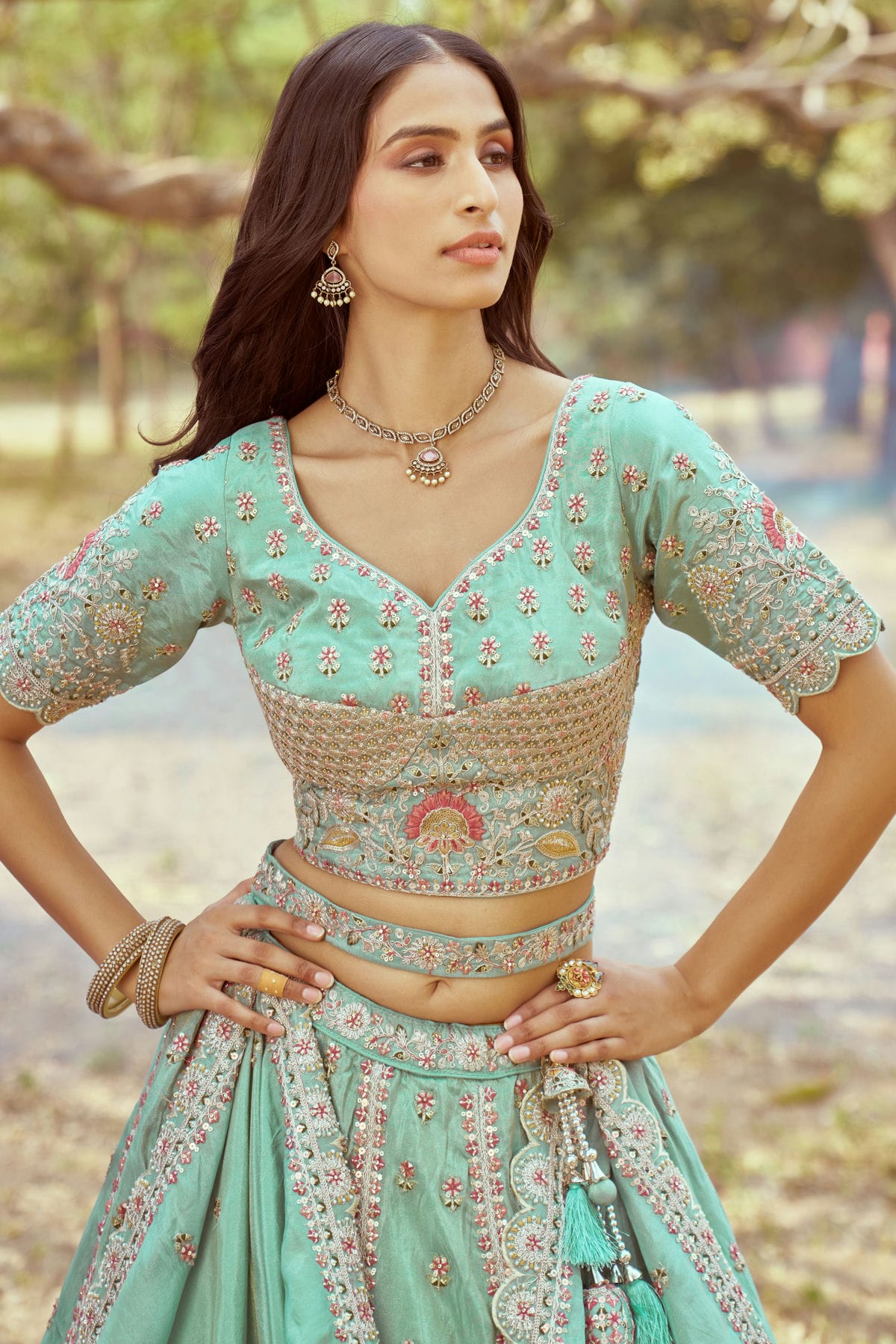 Sea Green Colour Tissue Embroidery Lehenga Choli VSLC1111389