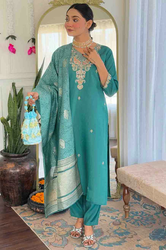 Sea Green Colour Viscose Chanderi Embroidery Pant Style Suit VSSS1113648