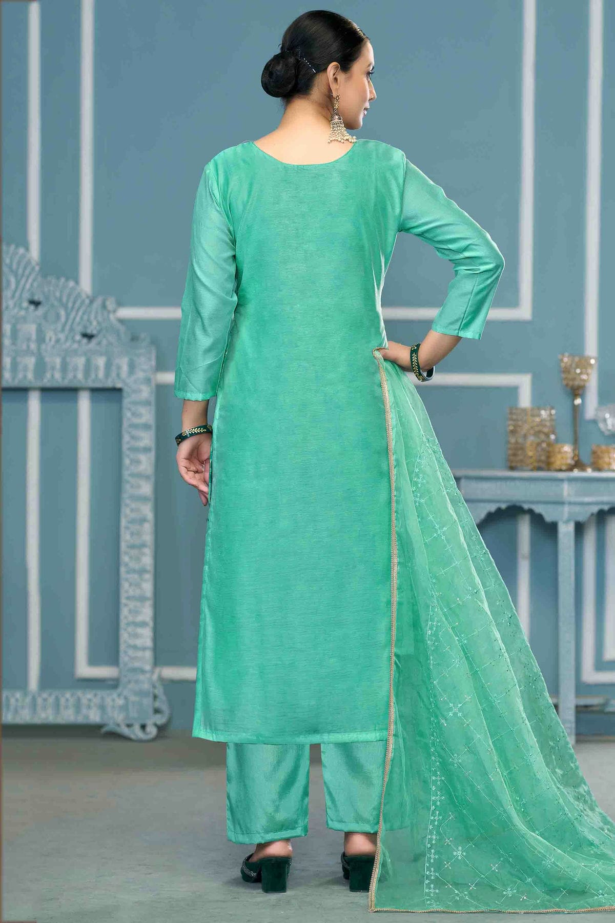 Sea Green Colour Viscose Organza Pant Style Suit VSSM1113211