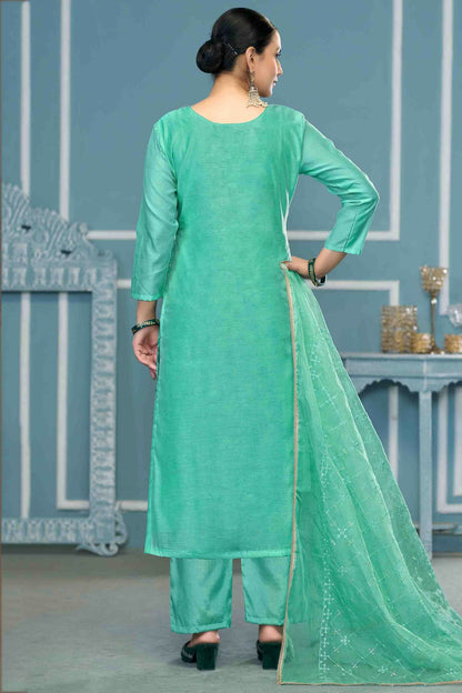 Sea Green Colour Viscose Organza Pant Style Suit VSSM1113211