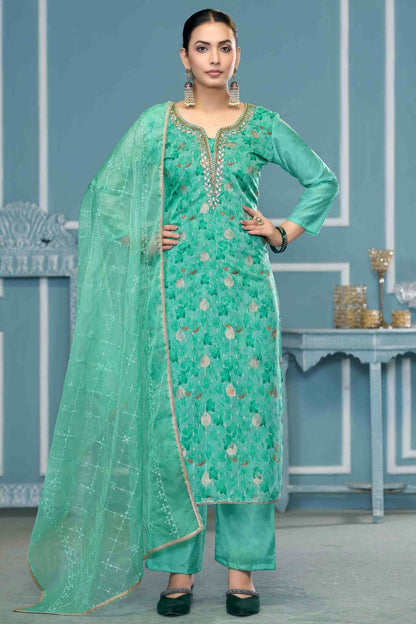 Sea Green Colour Viscose Organza Pant Style Suit VSSM1113211