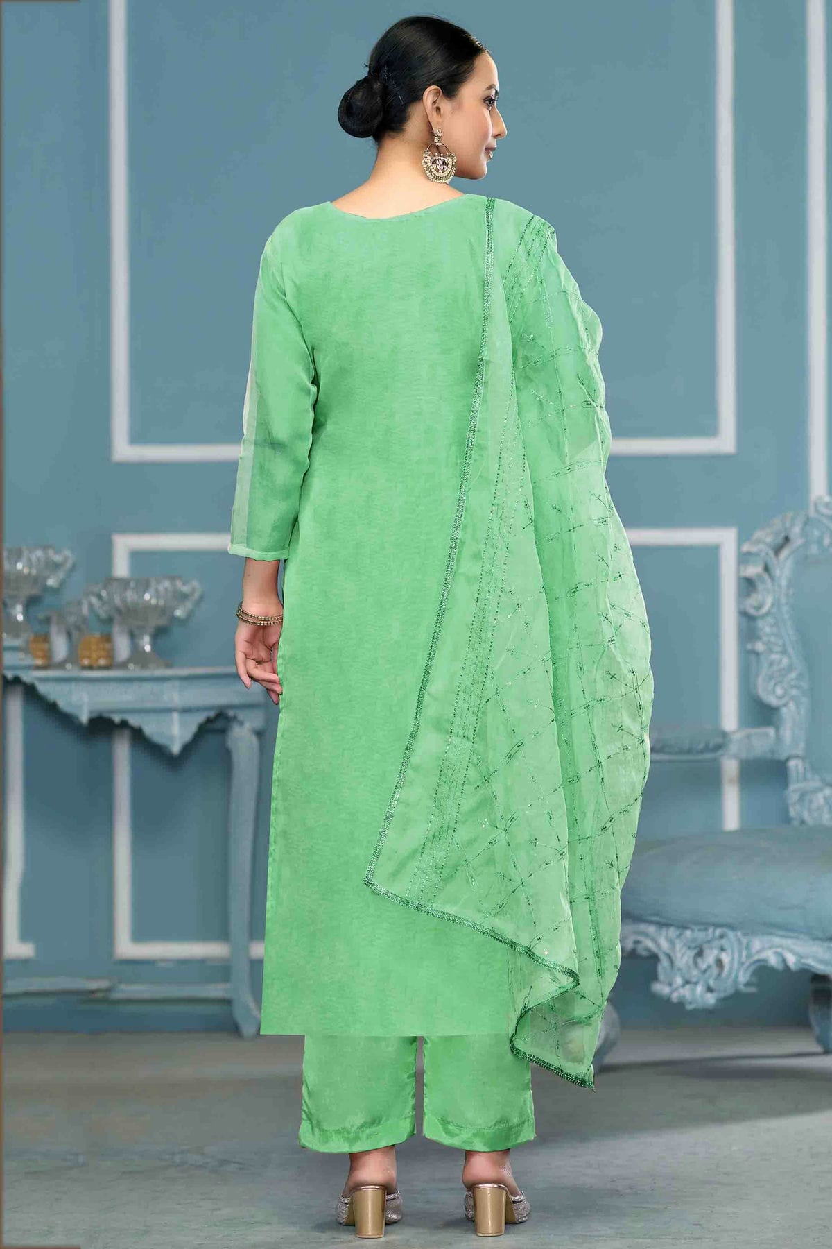 Sea Green Colour Viscose Organza Pant Style Suit VSSM1113230
