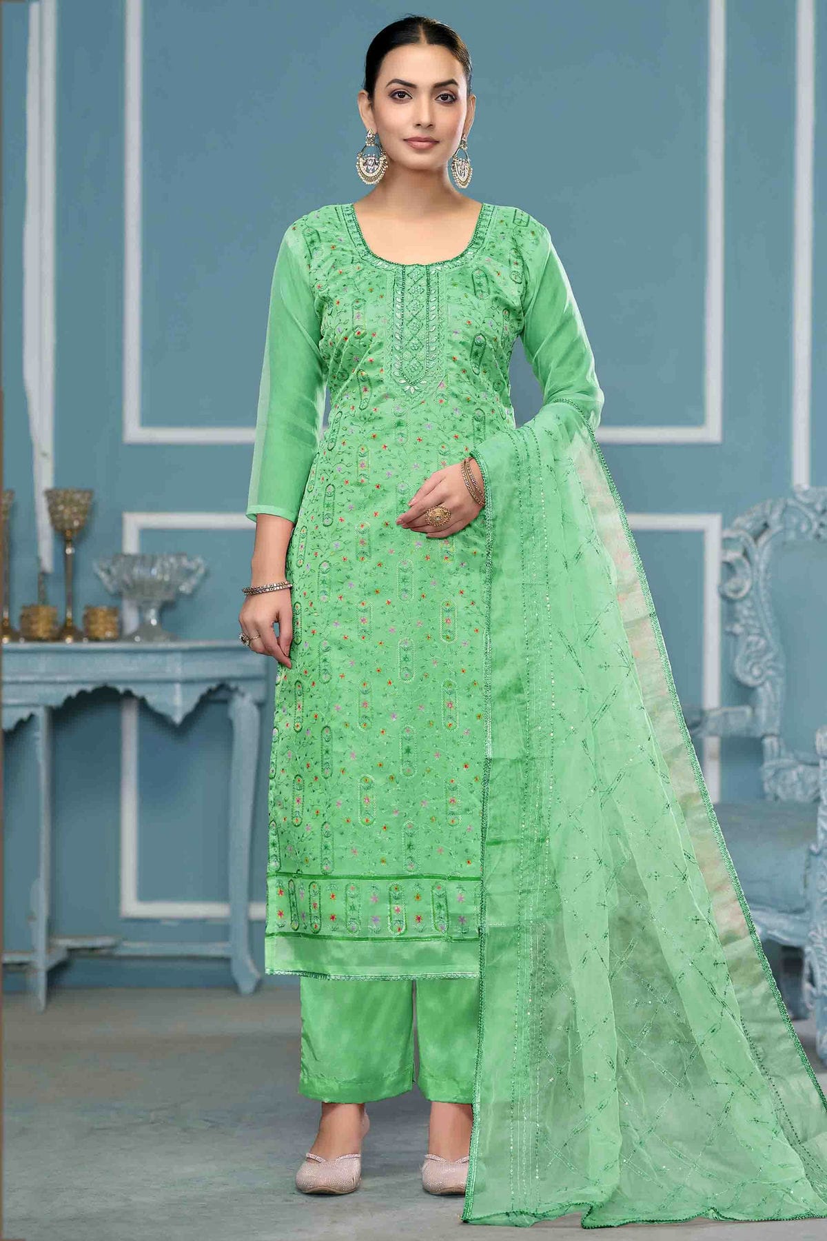 Sea Green Colour Viscose Organza Pant Style Suit VSSM1113230