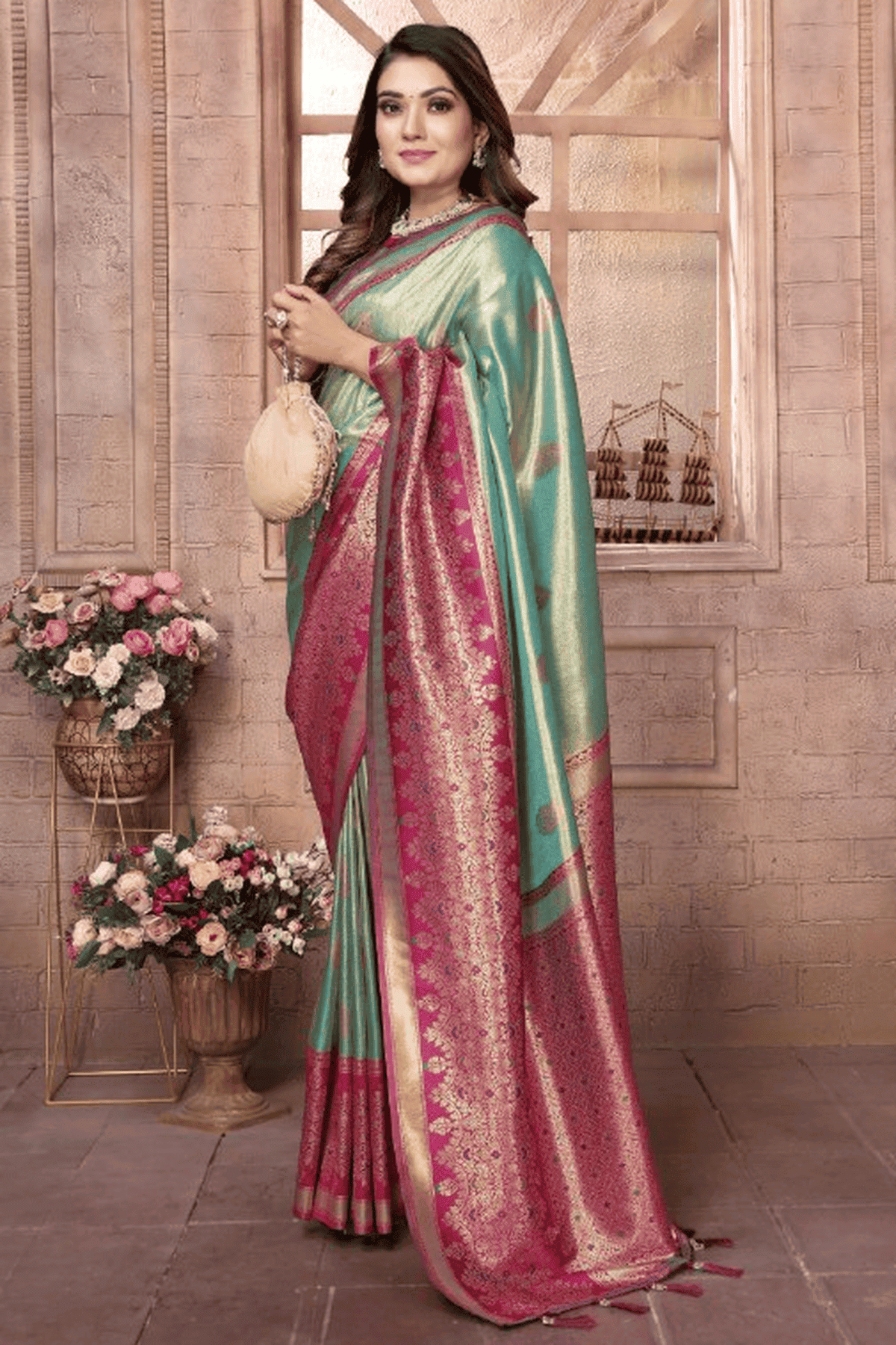 Sea Green Colour Woven Work Pure Banarasi Tissue Silk Traditional Saree