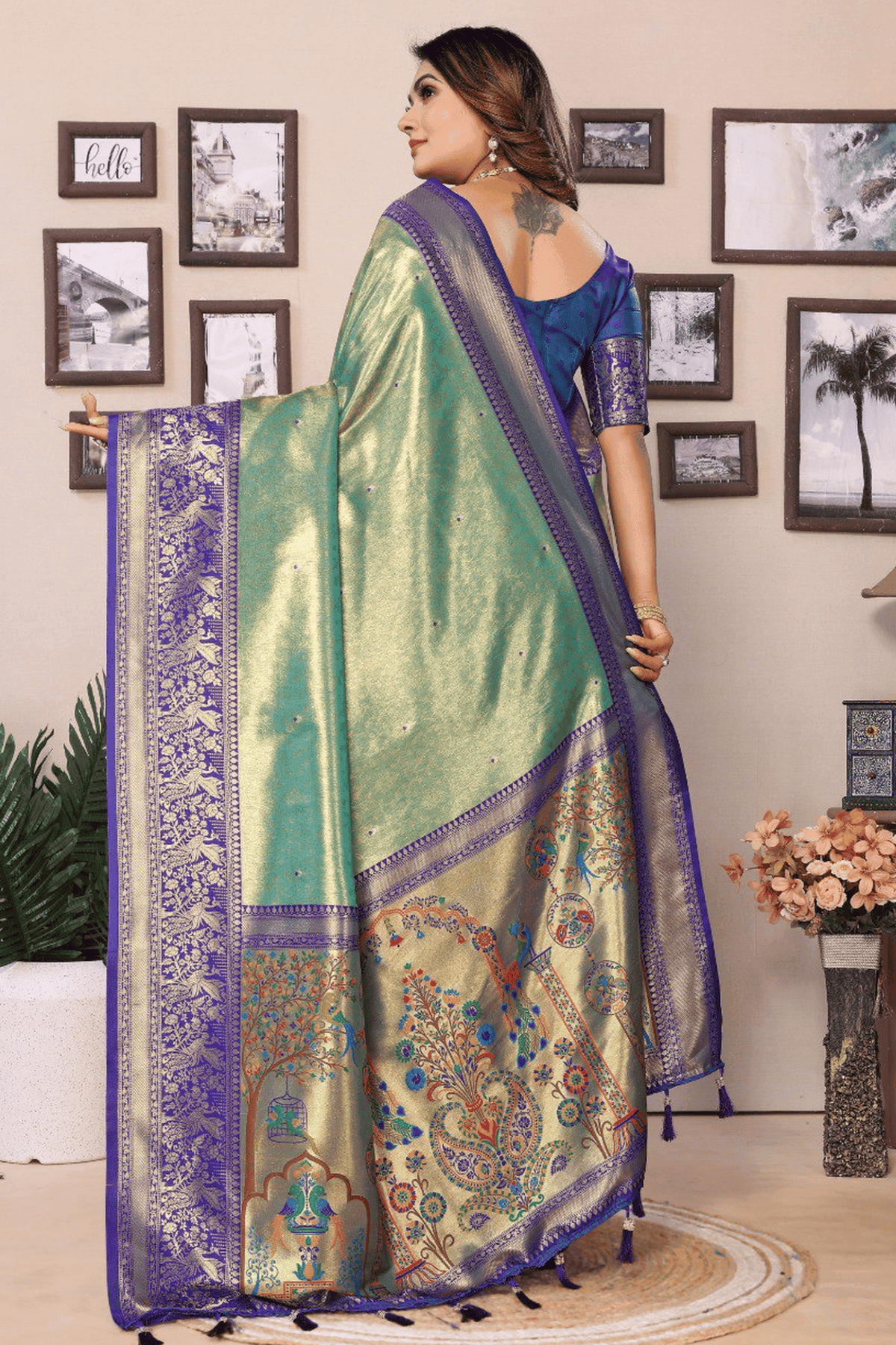 Sea Green Colour Woven Work Pure Banarasi Tissue Silk Traditional Saree