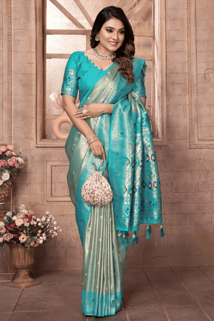 Sea Green Colour Woven Work Pure Banarasi Tissue Silk Traditional Saree