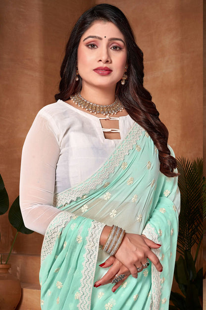 Sea Green and White Colour Georgette Half N Half Saree