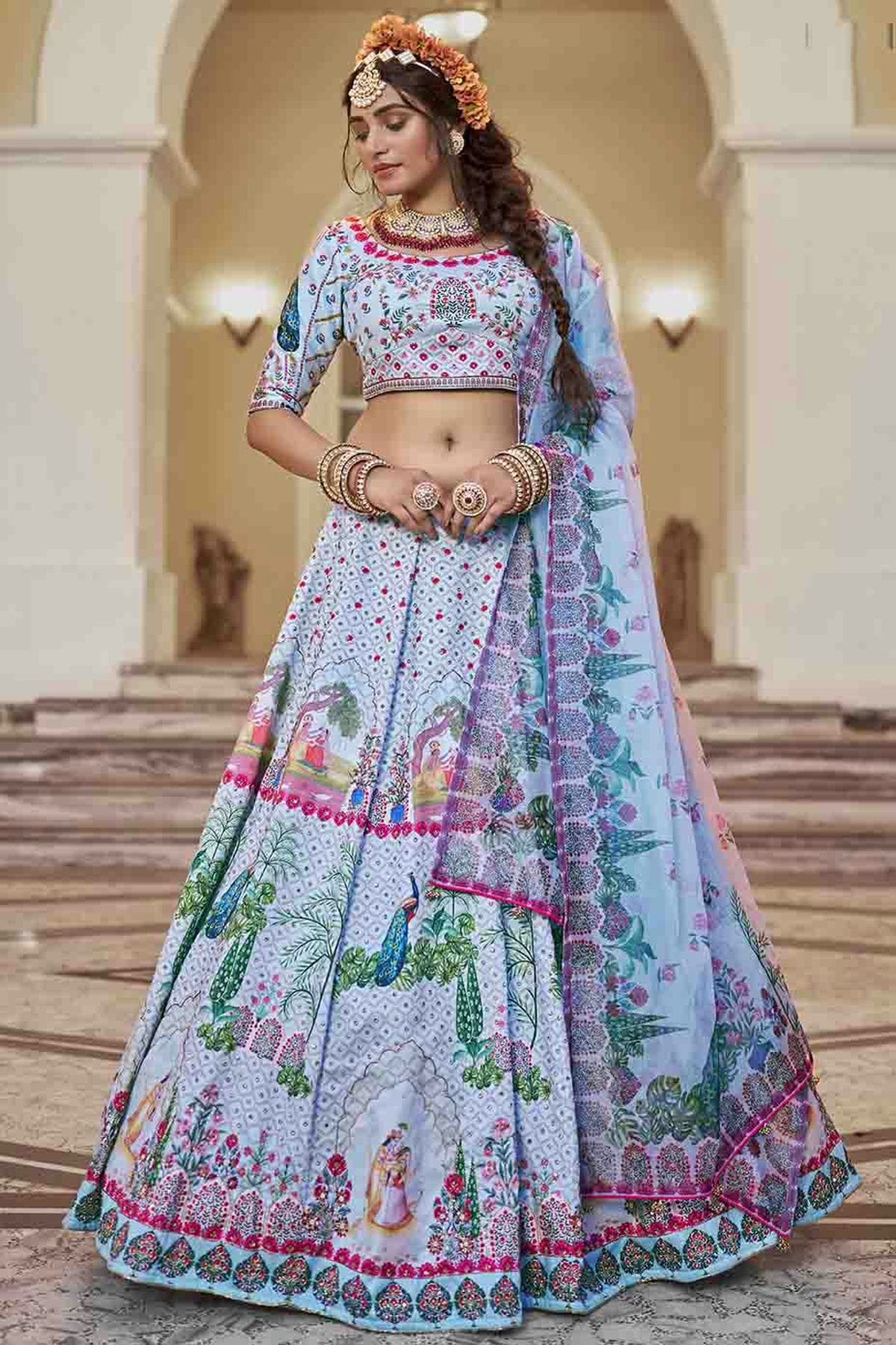 Sky Blue Colour Art Silk Printed and Hand Work Lehenga Choli