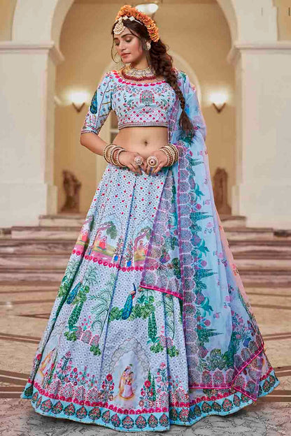 Sky Blue Colour Art Silk Printed and Hand Work Lehenga Choli