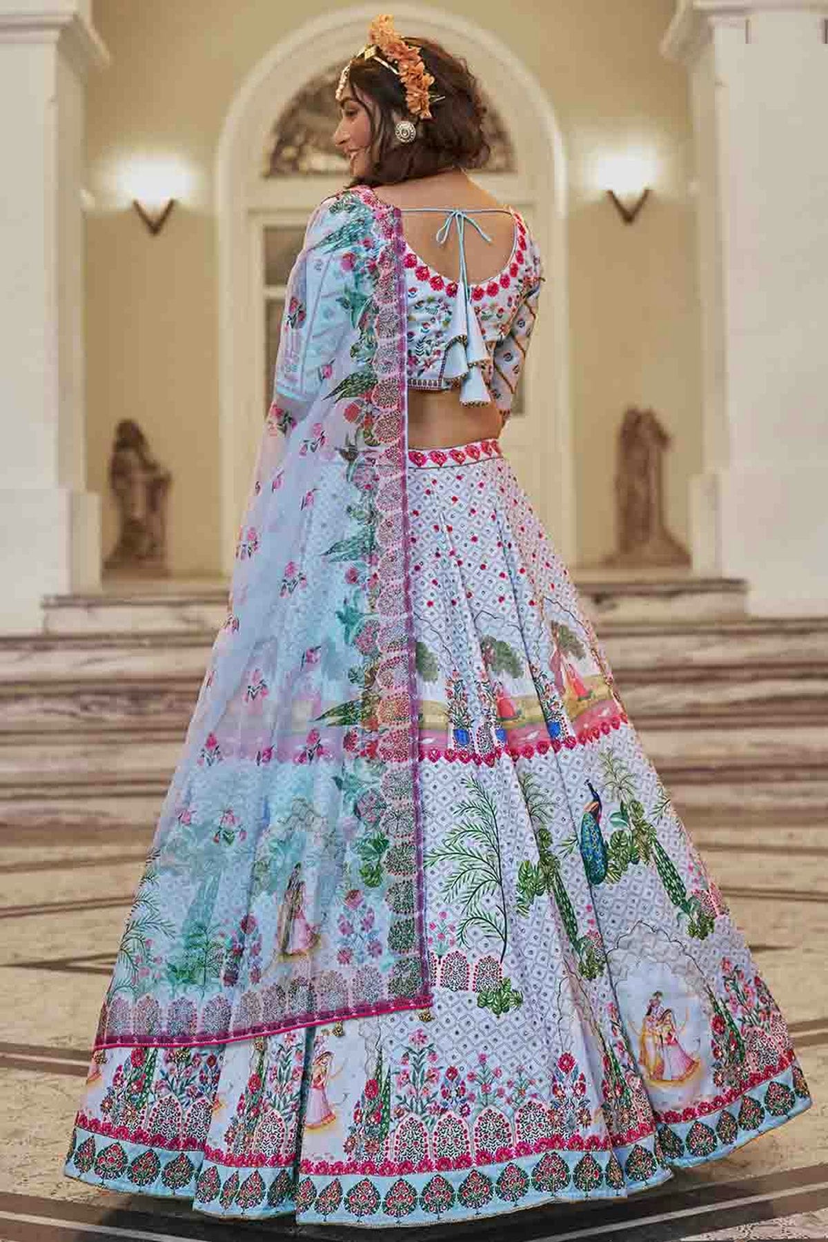 Sky Blue Colour Art Silk Printed and Hand Work Lehenga Choli