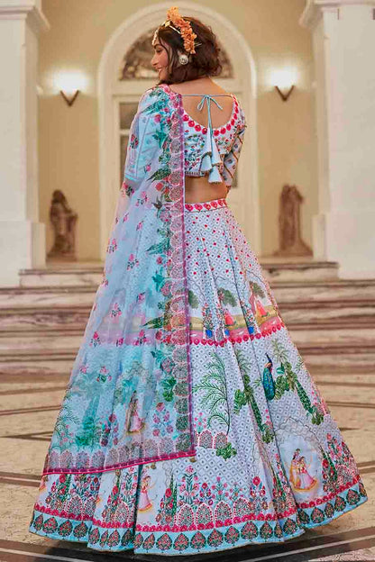 Sky Blue Colour Art Silk Printed and Hand Work Lehenga Choli