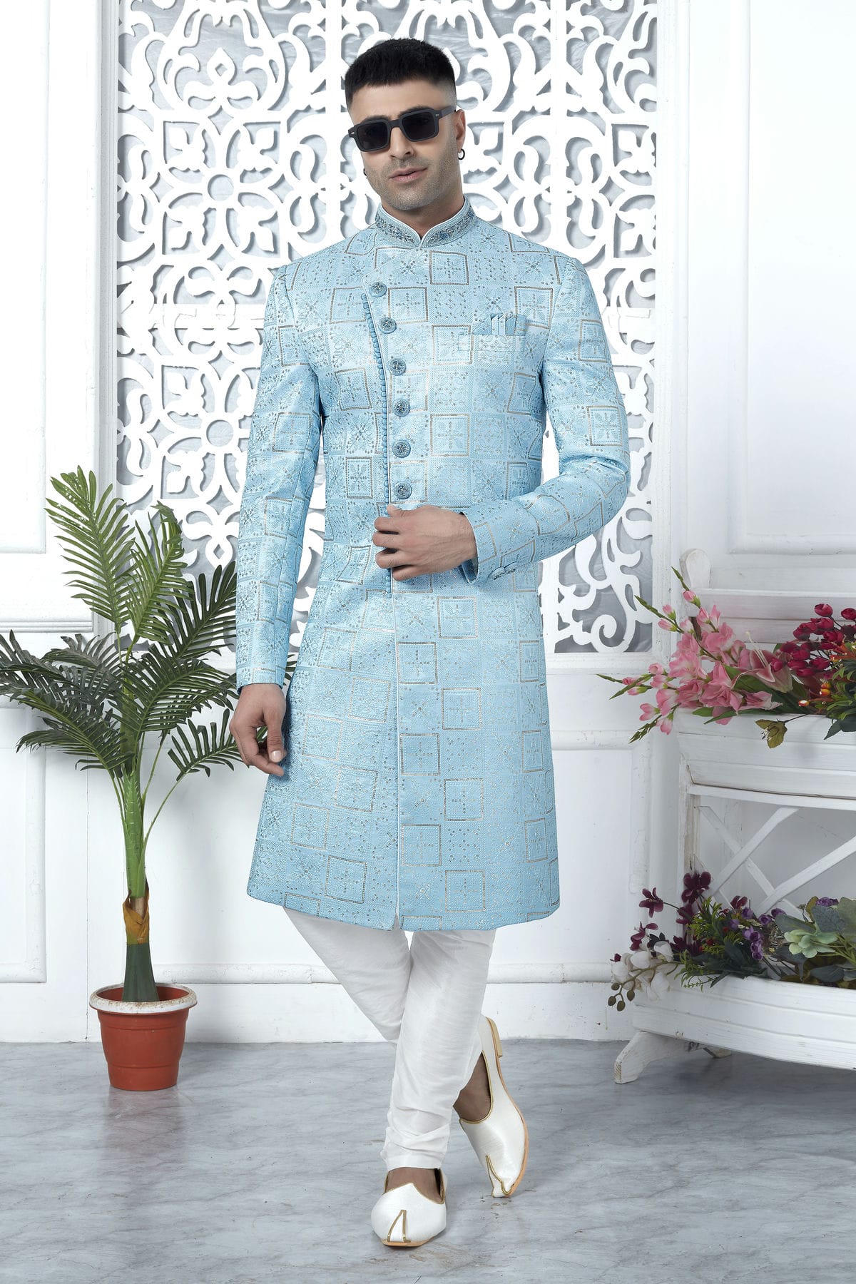 Sky Blue Colour Art Silk Sherwani With Churidar Pant VSSH1230054