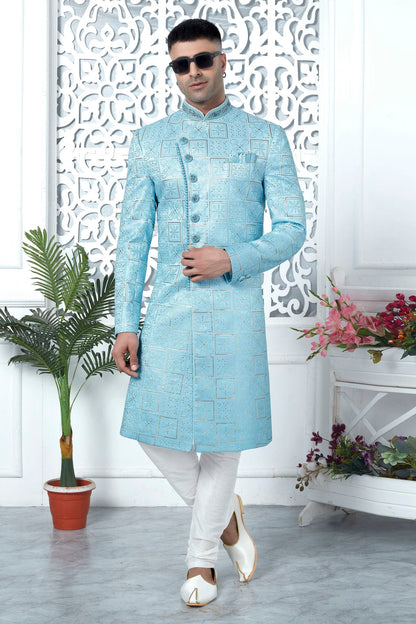 Sky Blue Colour Art Silk Sherwani With Churidar Pant VSSH1230054
