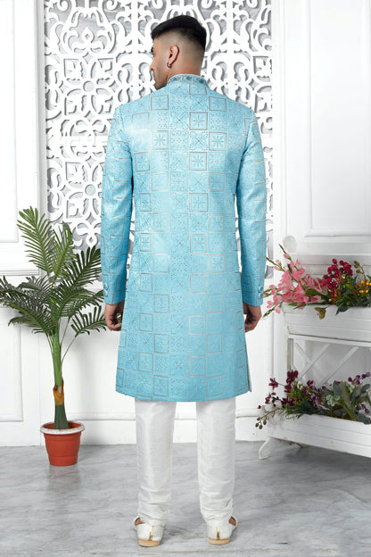 Sky Blue Colour Art Silk Sherwani With Churidar Pant VSSH1230054