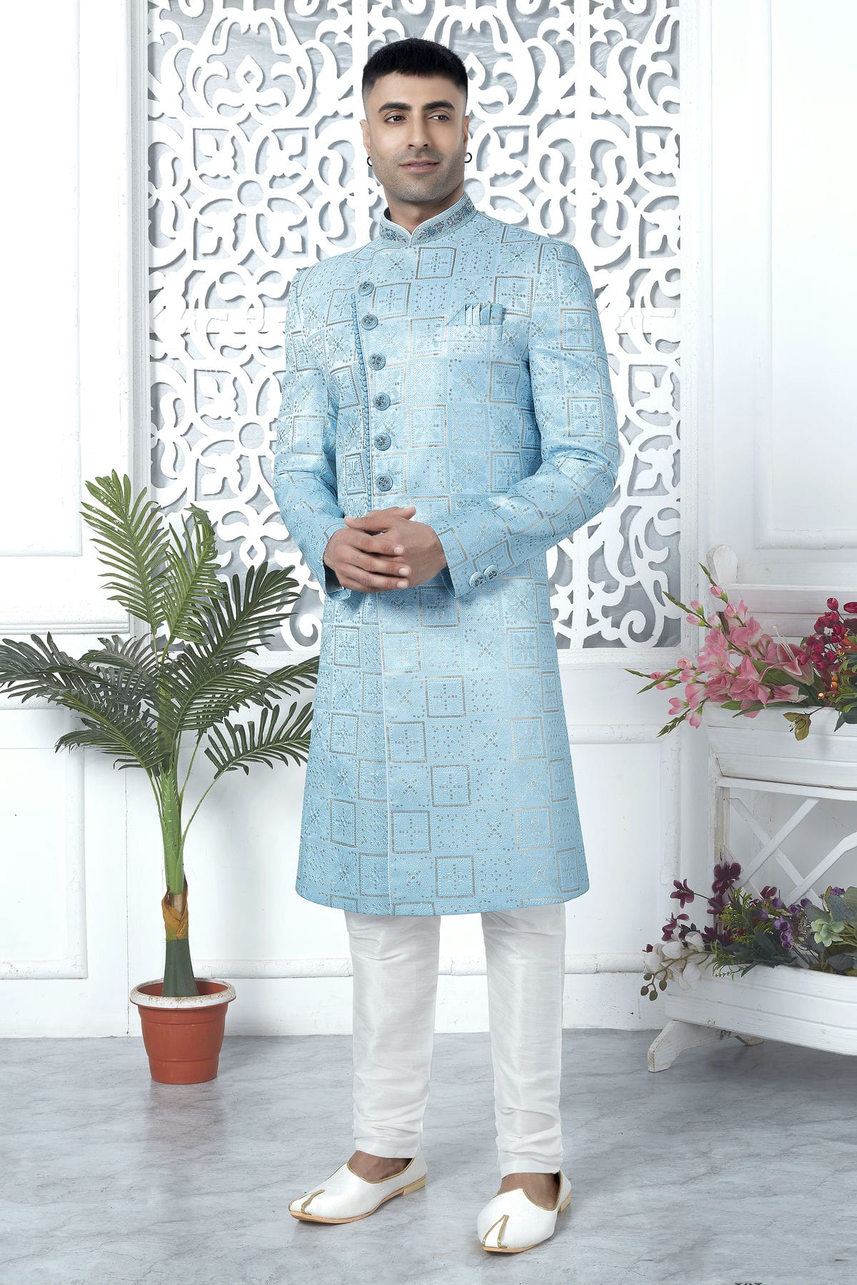Sky Blue Colour Art Silk Sherwani With Churidar Pant