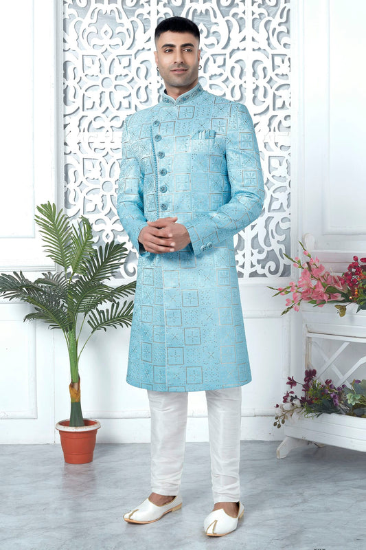 Sky Blue Colour Art Silk Sherwani With Churidar Pant