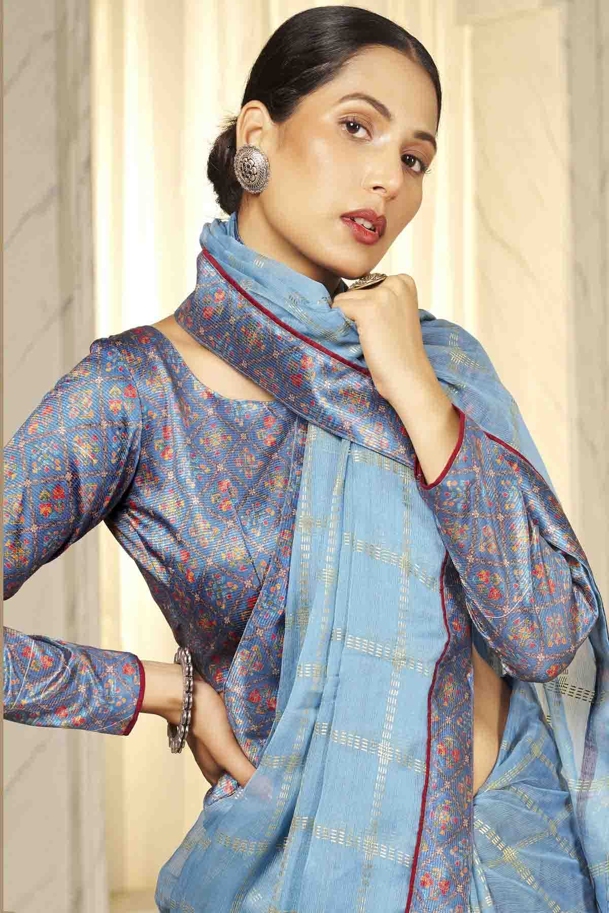 Sky Blue Colour Chiffon Digital Foil Printed Designer Saree VSSD1113609