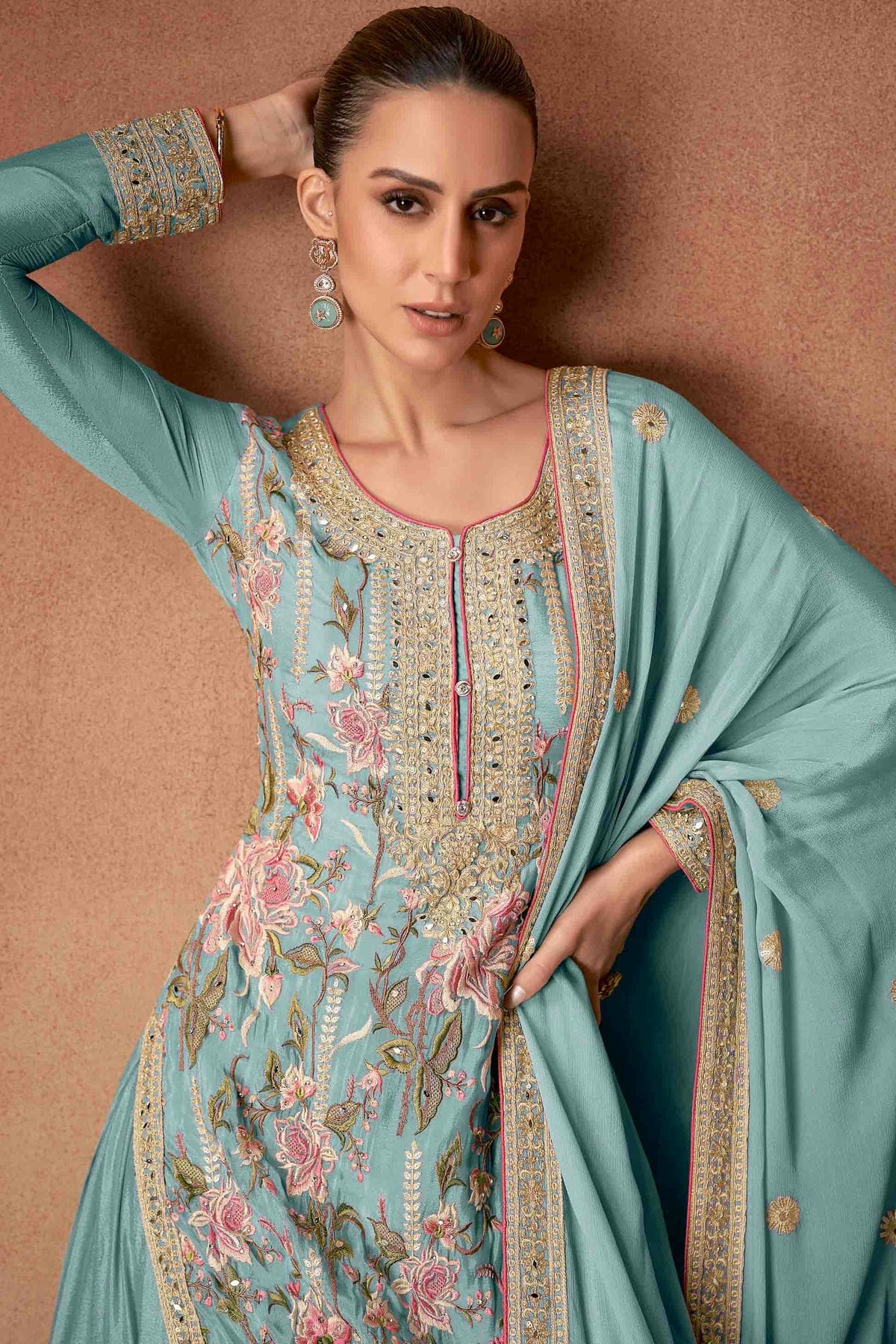 Sky Blue Colour Chinon Palazzo Pant Suit VSSM1112964