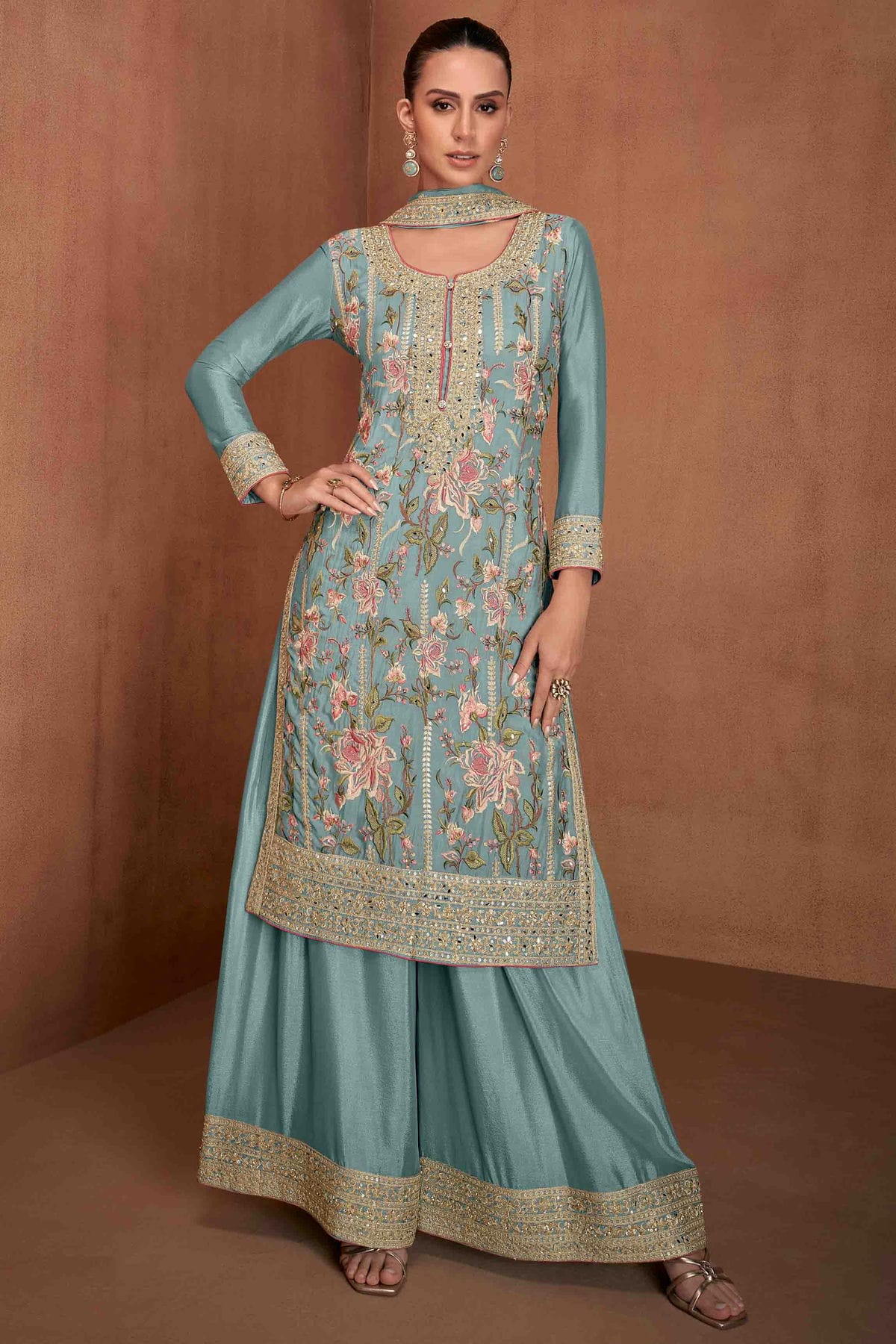 Sky Blue Colour Chinon Palazzo Pant Suit VSSM1112964