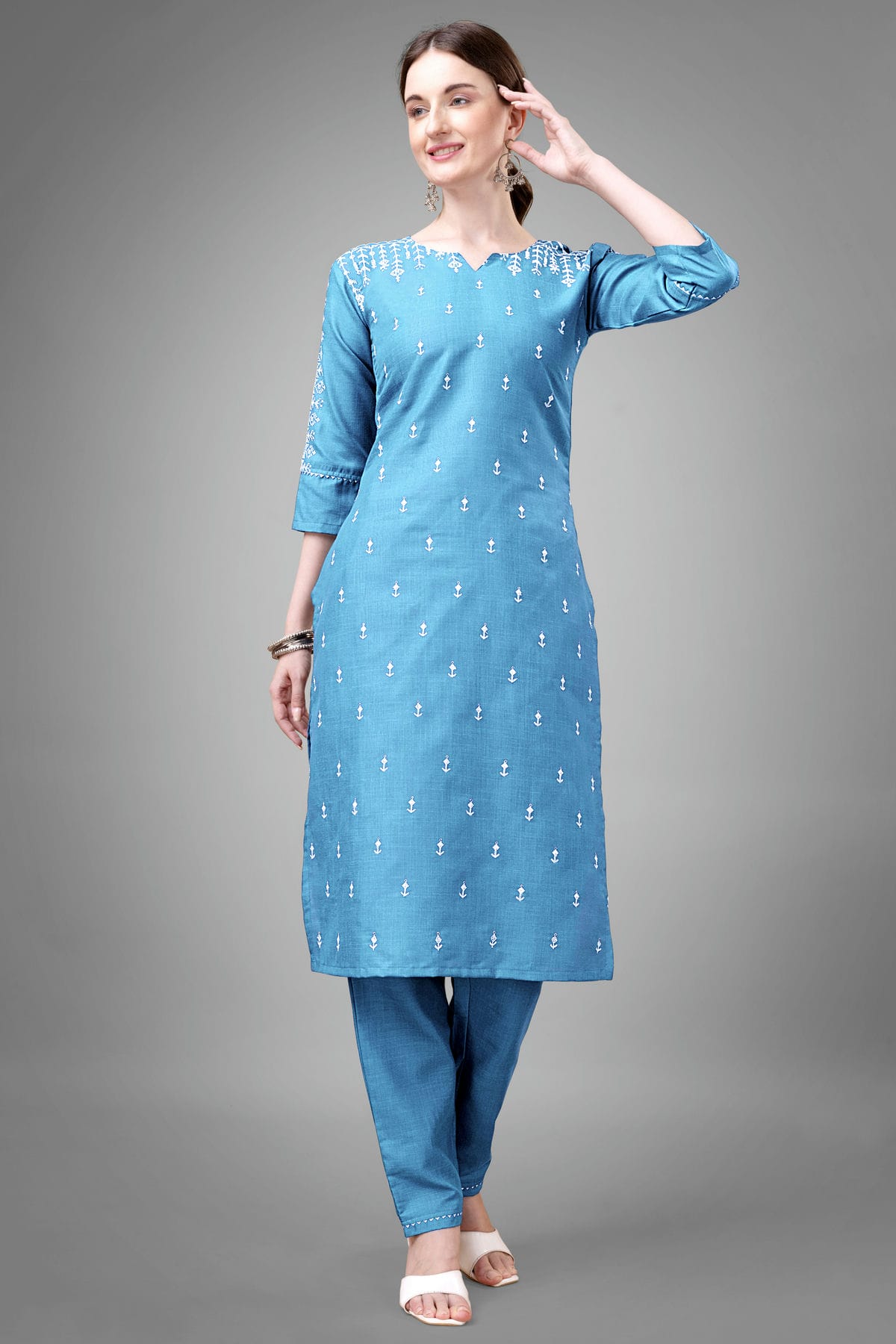 Sky Blue Colour Cotton Blend Kurta And Pant Set